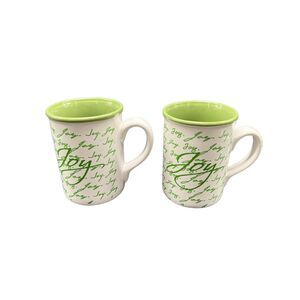 Gibson Home Pair of Large Holiday Mugs with “Joy” in Green and Green Inner Glaze